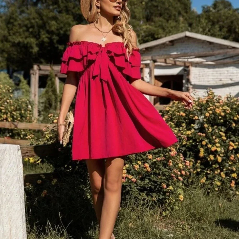 Red Frill Knot Front Ruffle Hem Off Shoulder Dress - Picture 3 of 6